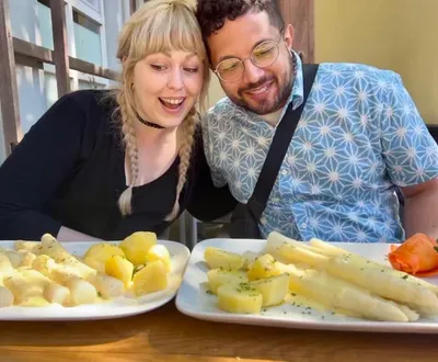 After exploring the native town of her ancestors my two guests from Oregon enjoy white asparagus.